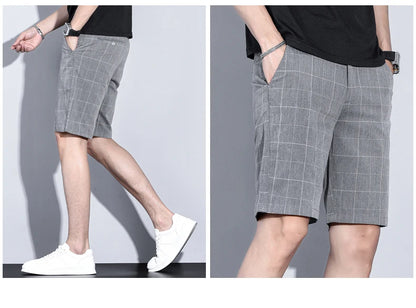 Summer Thin Plaid Stripe Shorts Men Business Knee Length Pants Straight Beach Short Korea Fashion Gray Pant Male Brand Clothing