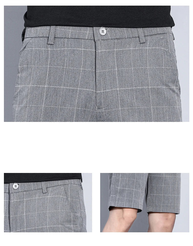 Summer Thin Plaid Stripe Shorts Men Business Knee Length Pants Straight Beach Short Korea Fashion Gray Pant Male Brand Clothing