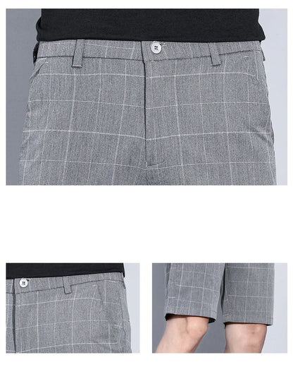 Summer Thin Plaid Stripe Shorts Men Business Knee Length Pants Straight Beach Short Korea Fashion Grey Pant Male Brand Clothing