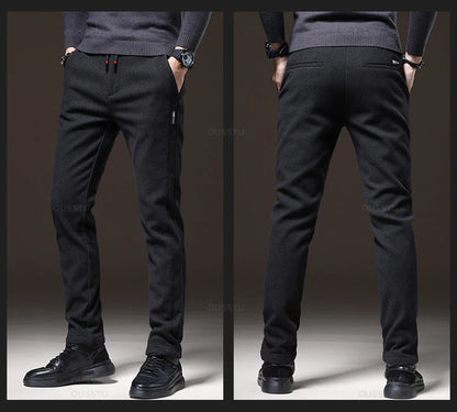 Winter Warm Fleece Casual Pants Men Cotton Drawstring Elastic Waist Velvet Business Outdoors Black Thick Stretch Trousers Male