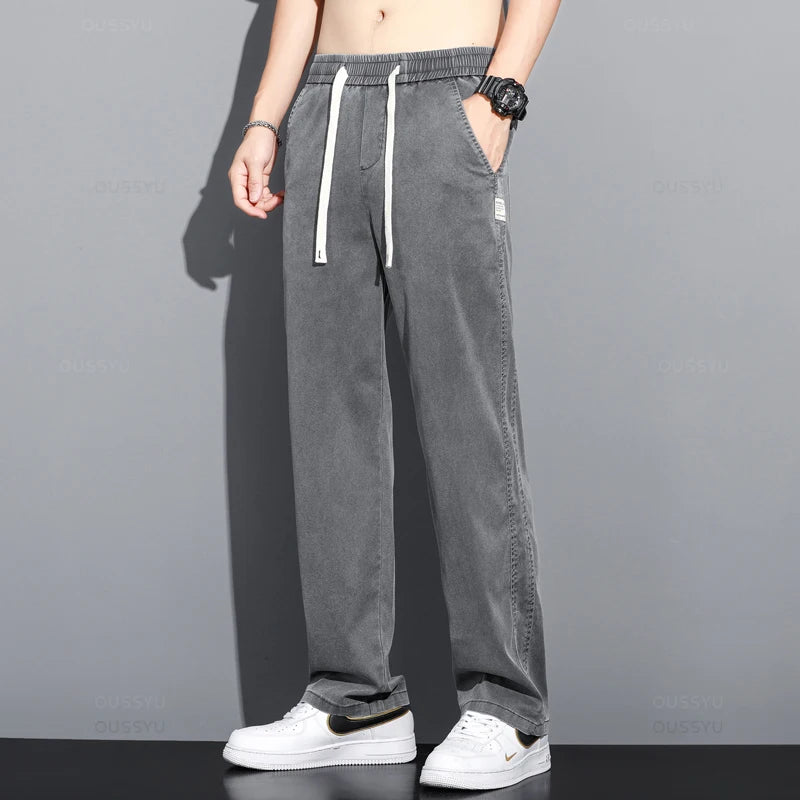 Summer Thin Soft Lyocell Fabric Jeans Men Loose Straight Wide Leg Pants Drawstring Elastic Waist Casual Trousers Plus Size M-5XL