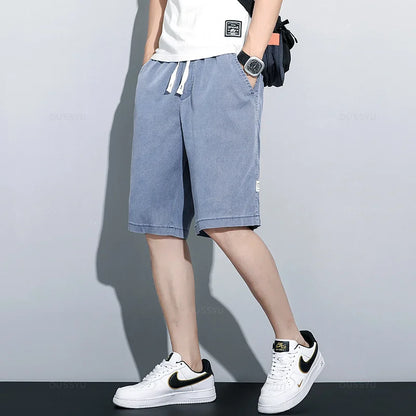 Summer Soft Cosy Lyocell Fabric Men's Denim Shorts Thin Loose Pants Drawstring Elastic Waist Korea Casual Short Plus Size M-5XL