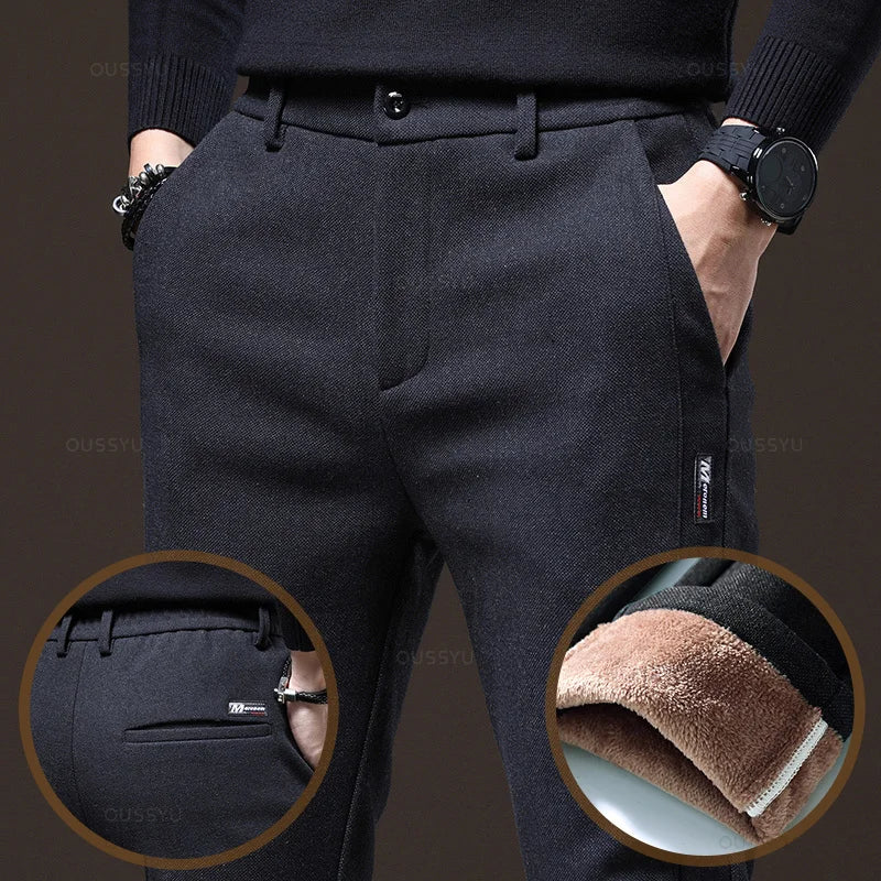 Winter Warm Fleece Casual Pants Men Cotton Drawstring Elastic Waist Velvet Business Outdoors Black Thick Stretch Trousers Male