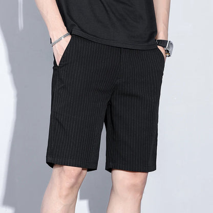 Summer Thin Plaid Stripe Shorts Men Business Knee Length Pants Straight Beach Short Korea Fashion Grey Pant Male Brand Clothing