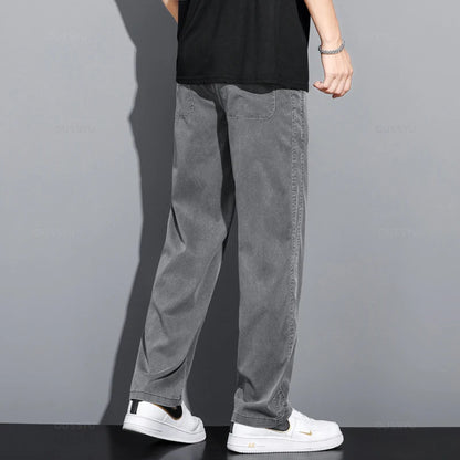 Summer Thin Soft Lyocell Fabric Jeans Men Loose Straight Wide Leg Pants Drawstring Elastic Waist Casual Trousers Plus Size M-5XL