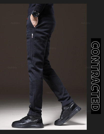 Winter Warm Fleece Casual Pants Men Cotton Drawstring Elastic Waist Velvet Business Outdoors Black Thick Stretch Trousers Male