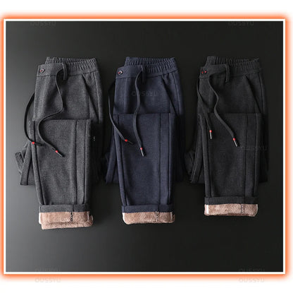 Winter Warm Fleece Casual Pants Men Cotton Drawstring Elastic Waist Velvet Business Outdoors Black Thick Stretch Trousers Male