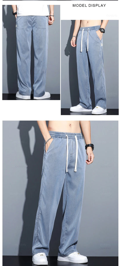 Summer Soft Lyocell Fabric Men's Jeans Thin Loose Straight Pants Drawstring Elastic Waist Korea Casual Trousers Plus Size M-5XL