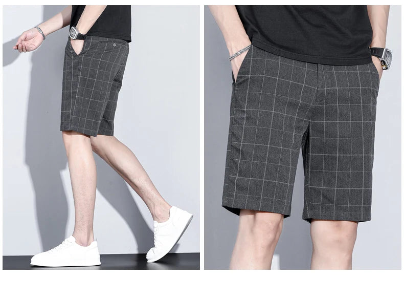 Summer Thin Plaid Stripe Shorts Men Business Knee Length Pants Straight Beach Short Korea Fashion Grey Pant Male Brand Clothing