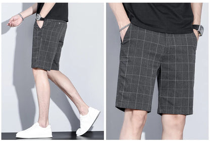 Summer Thin Plaid Stripe Shorts Men Business Knee Length Pants Straight Beach Short Korea Fashion Grey Pant Male Brand Clothing