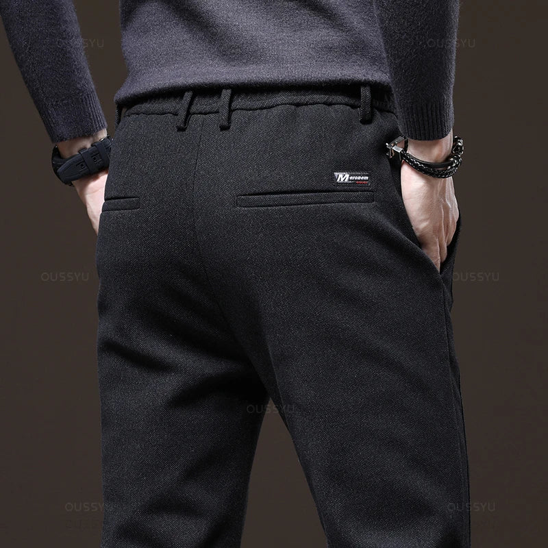 Winter Warm Fleece Casual Pants Men Cotton Drawstring Elastic Waist Velvet Business Outdoors Black Thick Stretch Trousers Male