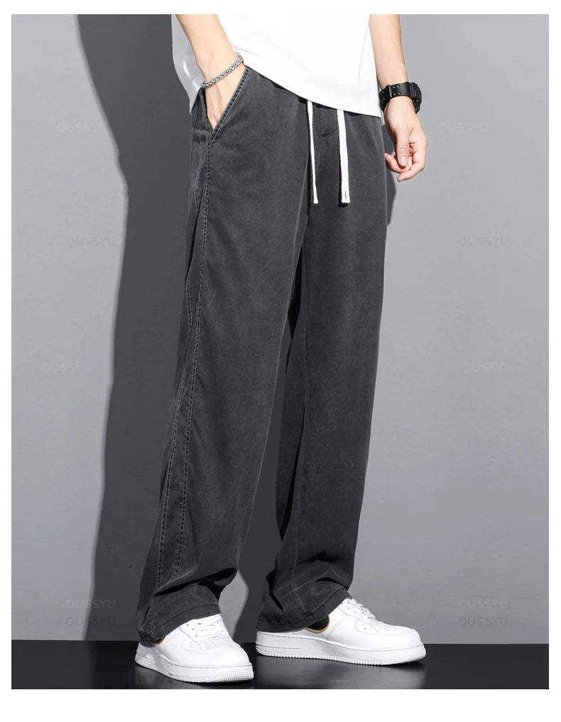 Summer Thin Soft Lyocell Fabric Jeans Men Loose Straight Wide Leg Pants Drawstring Elastic Waist Casual Trousers Plus Size M-5XL