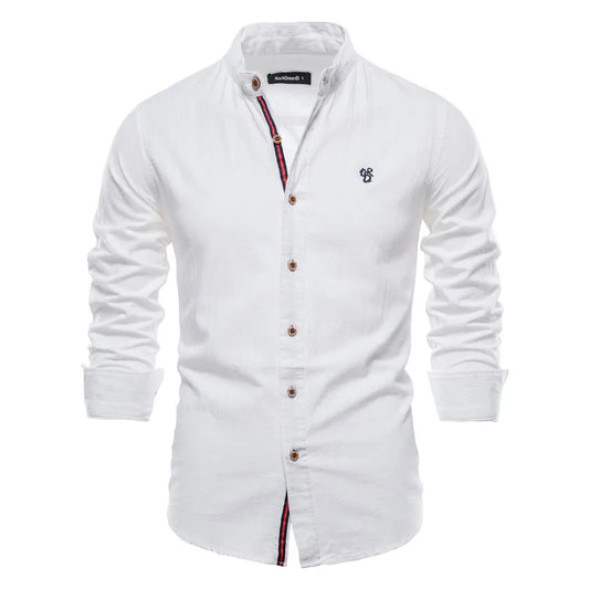 New Spring Summer 100% Cotton Social Shirt Men Solid Color Embroidery Brand Shirts Blouses High Quality White Shirt For Men