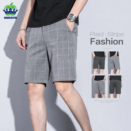 Summer Thin Plaid Stripe Shorts Men Business Knee Length Pants Straight Beach Short Korea Fashion Gray Pant Male Brand Clothing