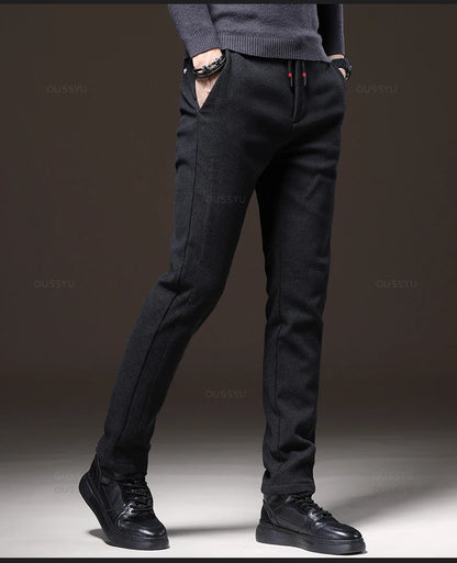 Winter Warm Fleece Casual Pants Men Cotton Drawstring Elastic Waist Velvet Business Outdoors Black Thick Stretch Trousers Male