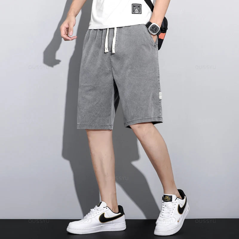 Summer Soft Cosy Lyocell Fabric Men's Denim Shorts Thin Loose Pants Drawstring Elastic Waist Korea Casual Short Plus Size M-5XL