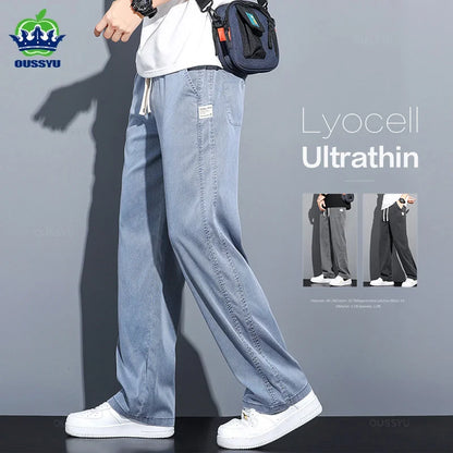 Summer Soft Lyocell Fabric Men's Jeans Thin Loose Straight Pants Drawstring Elastic Waist Korea Casual Trousers Plus Size M-5XL