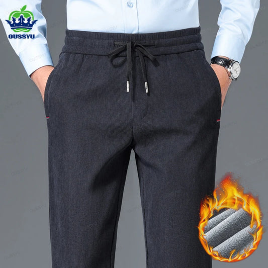 Winter Fleece Warm Thick Corduroy Pants Men Business Elastic Waist Classic Outdoors Jogging Straight Casual Trousers Male Gift