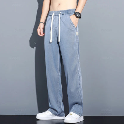 Summer Thin Soft Lyocell Fabric Jeans Men Loose Straight Wide Leg Pants Drawstring Elastic Waist Casual Trousers Plus Size M-5XL