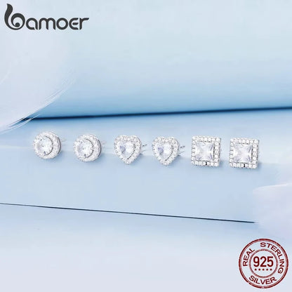 BAMOER Platinum Plated Halo CZ Stud Earrings 925 Sterling Silver Hypoallergenic Classic Elegant Earrings Fashion Jewellry BSE893